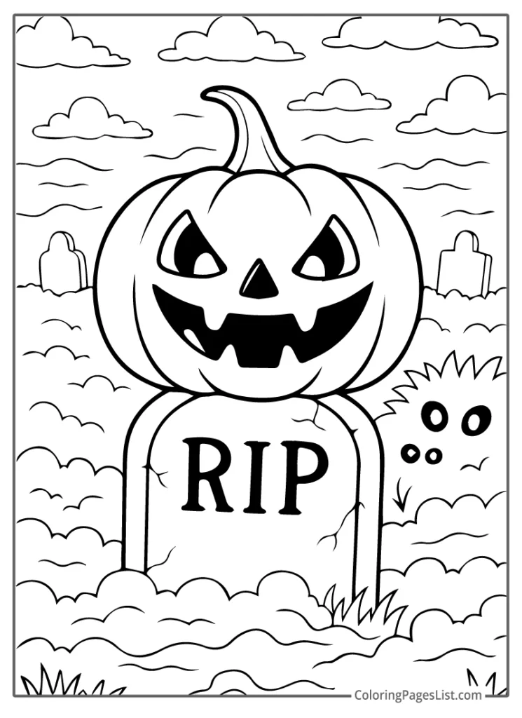 Jack O Lantern on RIP Grave in Fog For Coloring