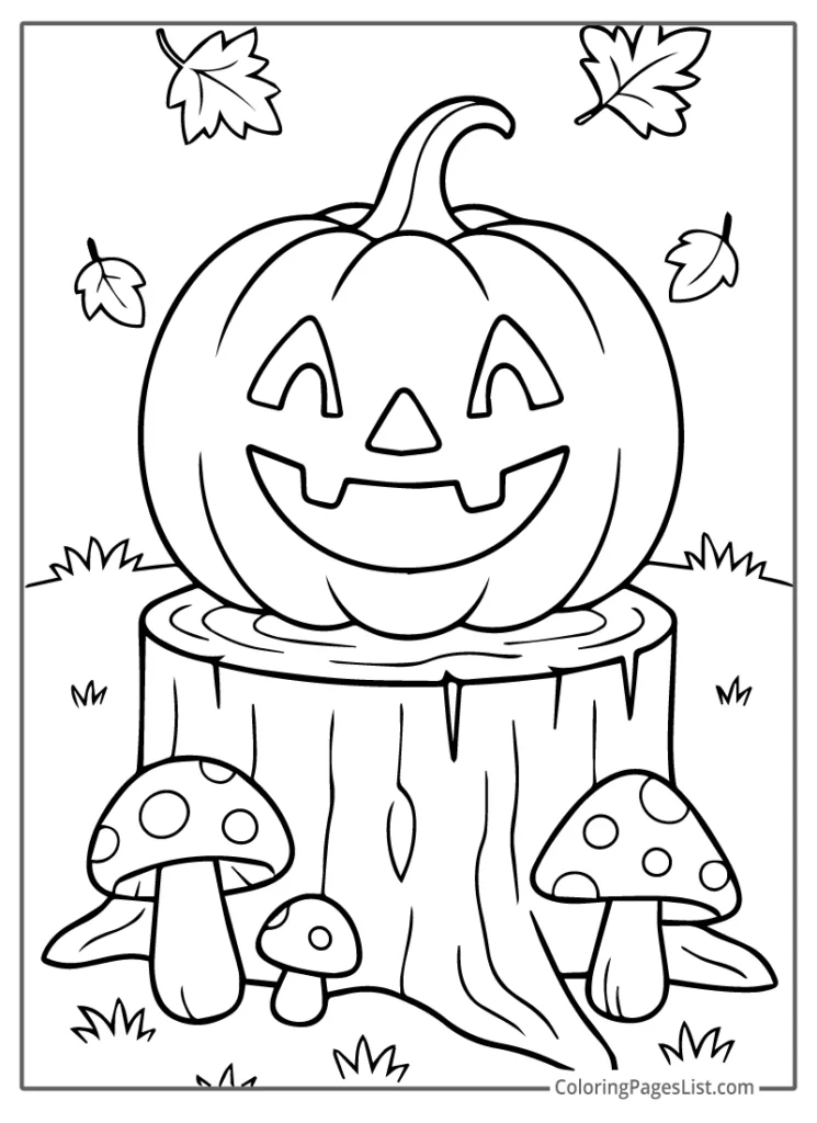 Jack O Lantern on Stump with Mushrooms To Color In