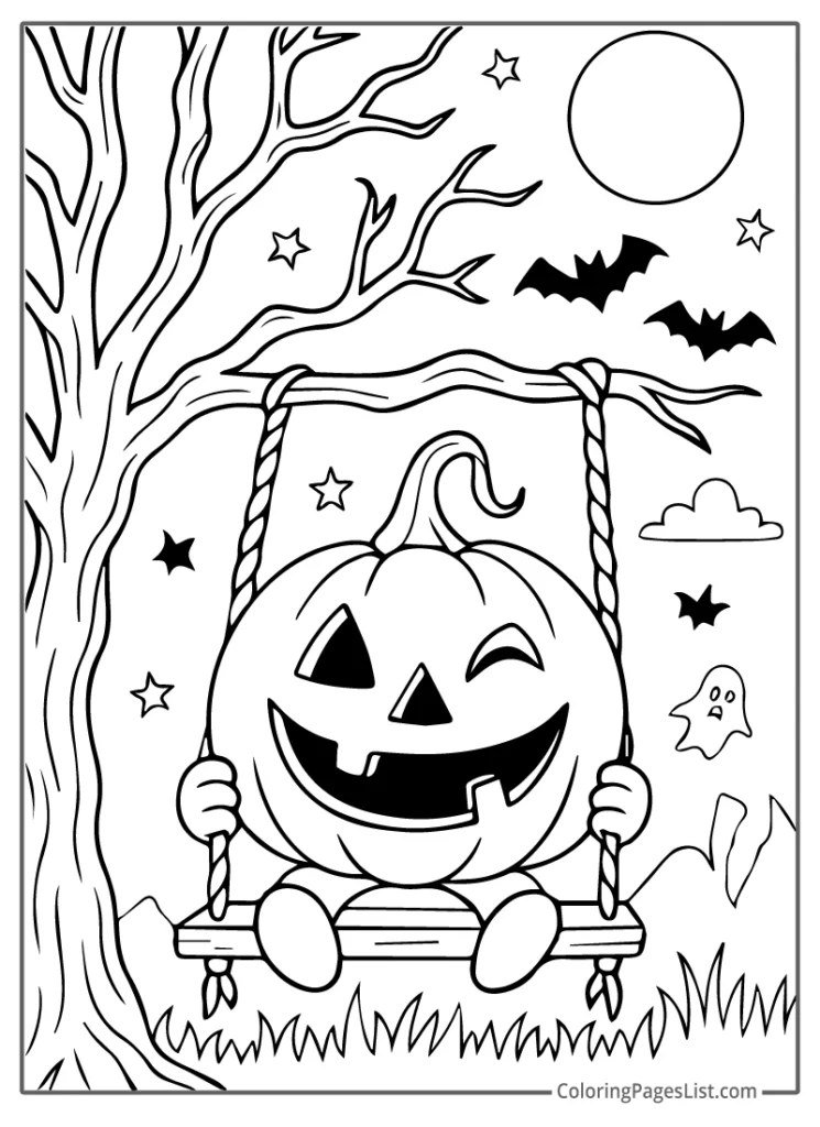 Jack O Lantern on Swing Under Full Moon Coloring Page