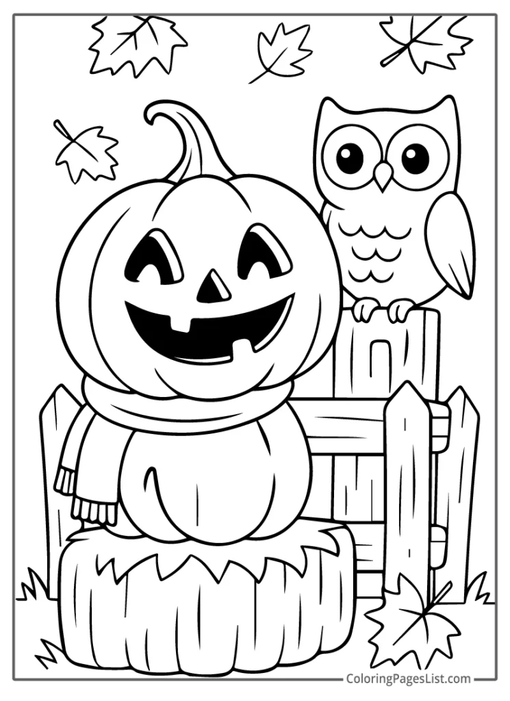 Jack O Lantern with Owl on Fence Coloring Page