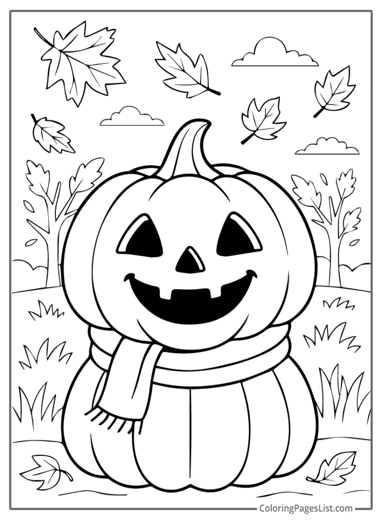 Jack O Lantern with Scarf in Autumn Breeze Coloring Page