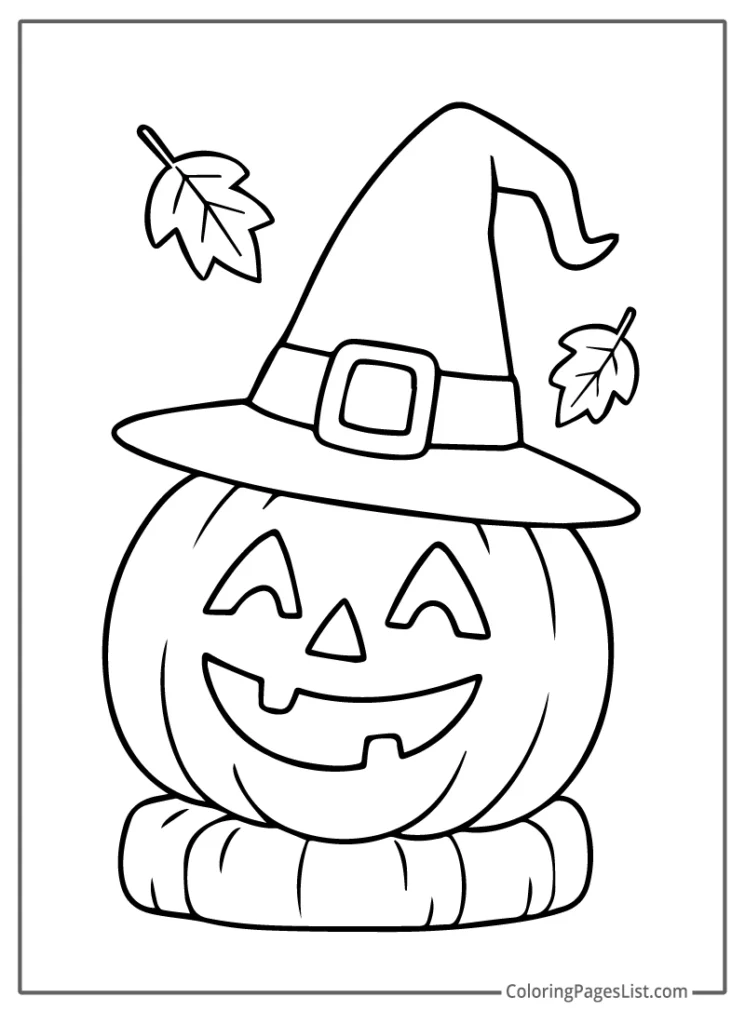 Jack O Lantern with Witch Hat and Leaves For Coloring