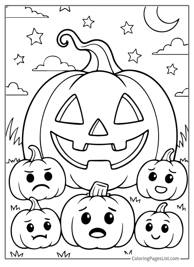 Jack O Lantern with Worried Pumpkins Under the Stars