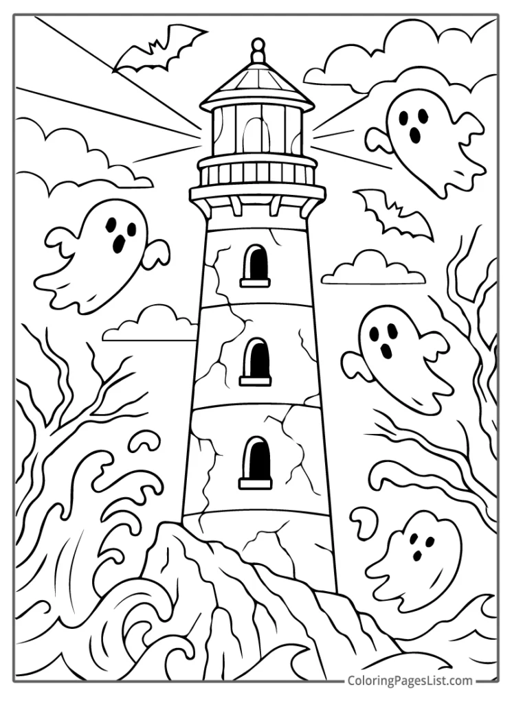 Lighthouse with Ghosts and Waves To Color In