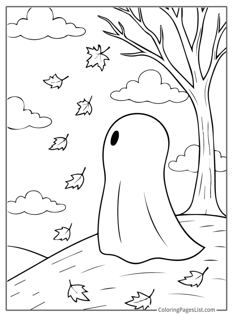 Lonely Ghost Watching Falling Leaves Coloring Page