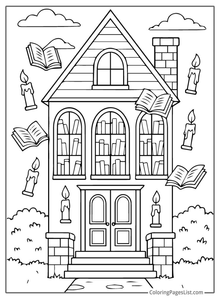 Magic Library House with Floating Books Coloring Page