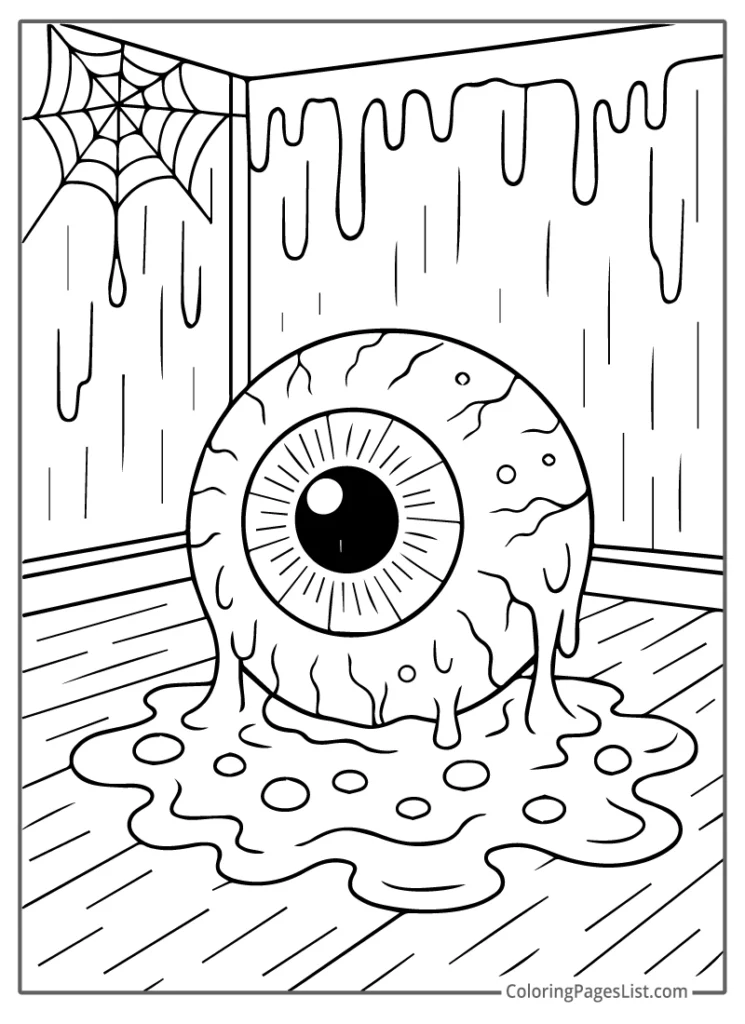 Melting Eyeball Oozing In A Web Covered Room Coloring Page