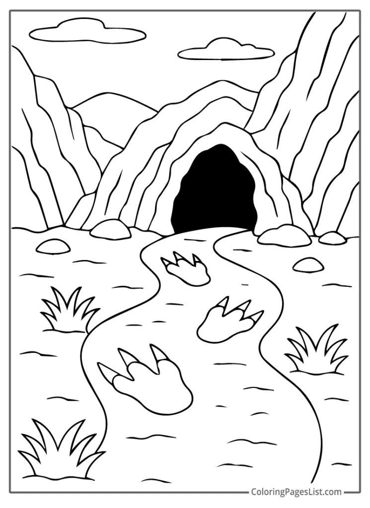 Monster Footprints Leading Into Dark Horror Cave Coloring Page