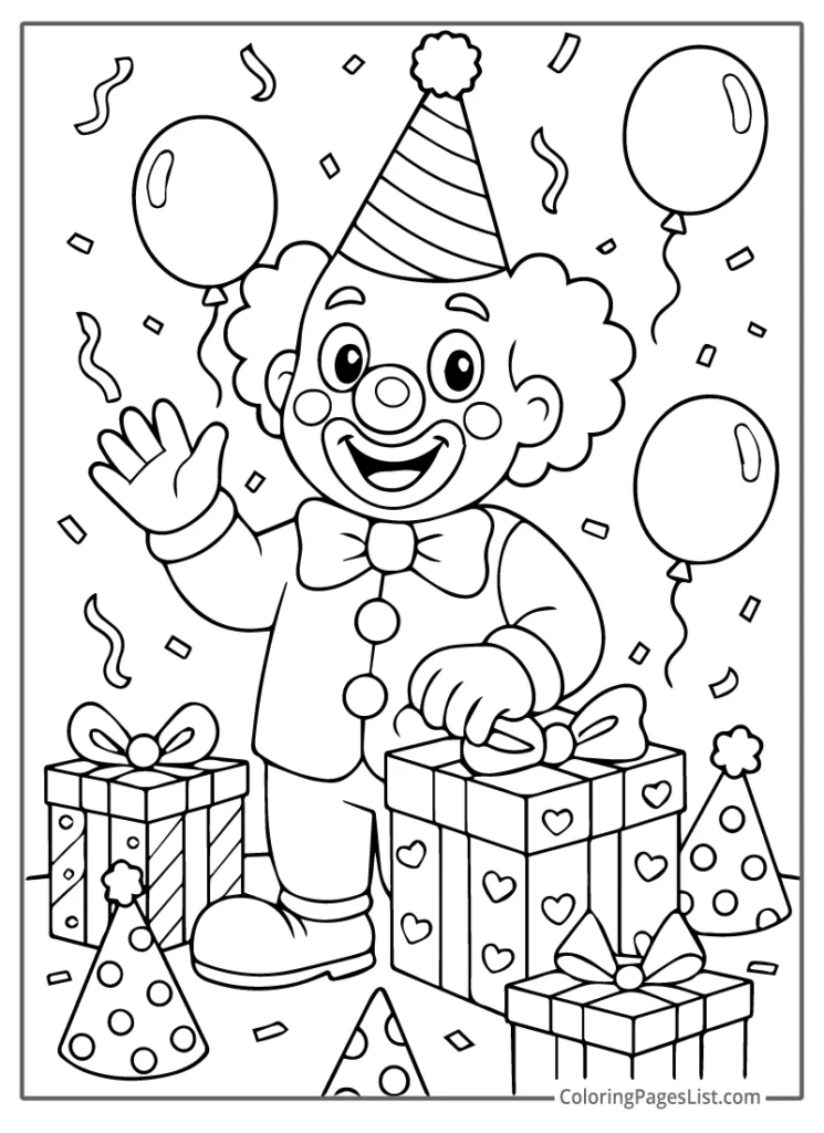 Outline Of Clown With Gifts And Balloons At A Party Coloring Page