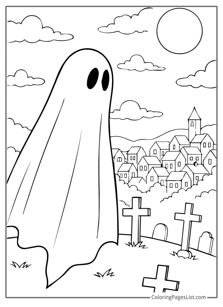 Outline Of Ghost Looking Around In The Graveyard Coloring Page