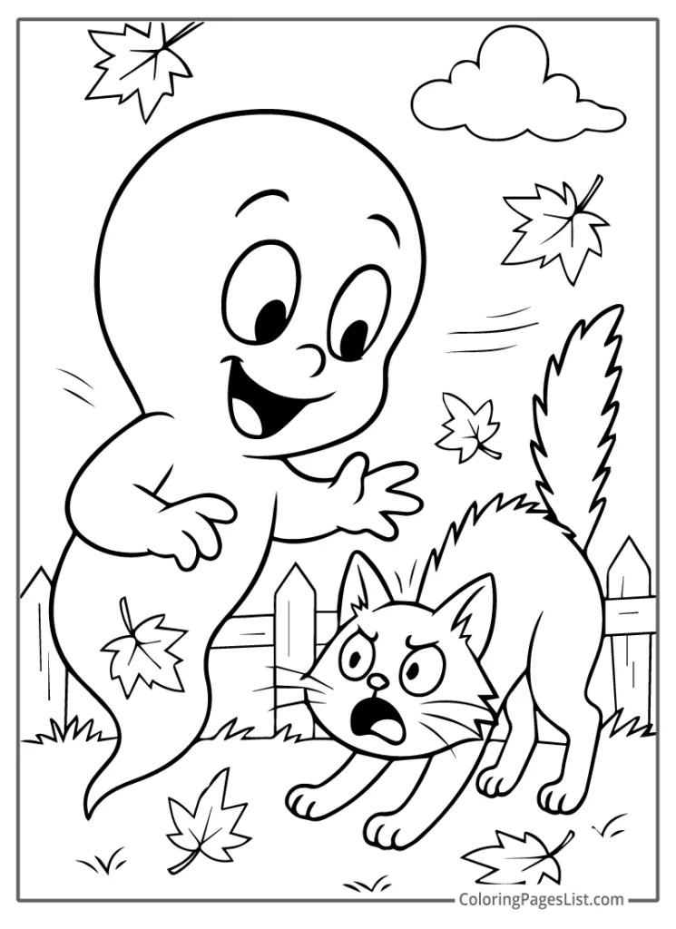 Outline Of Ghost Startling Cat in Leafy Backyard To Color In