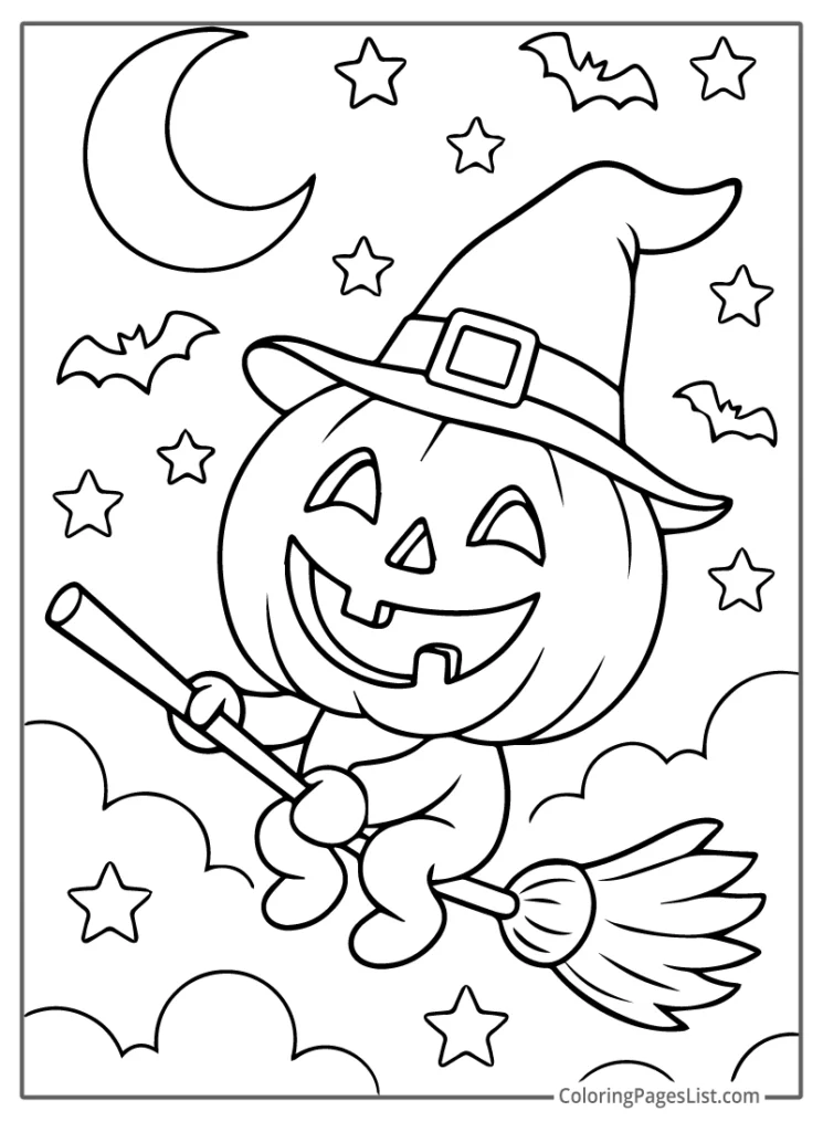 Outline Of Jack O Lantern Flying On Broomstick Coloring Page