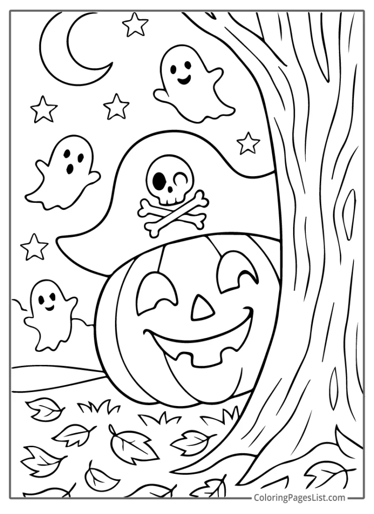 Pirate Jack O Lantern With Ghosts And Falling Leaves For Coloring
