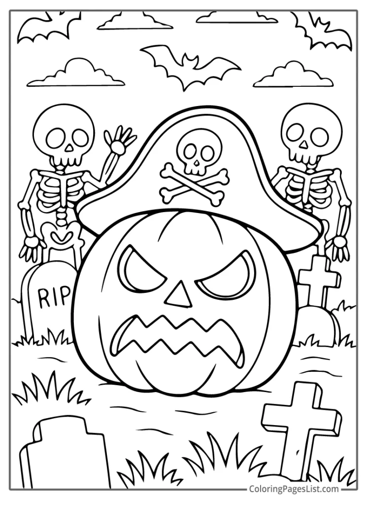 Pirate Jack O Lantern in Graveyard Coloring Page