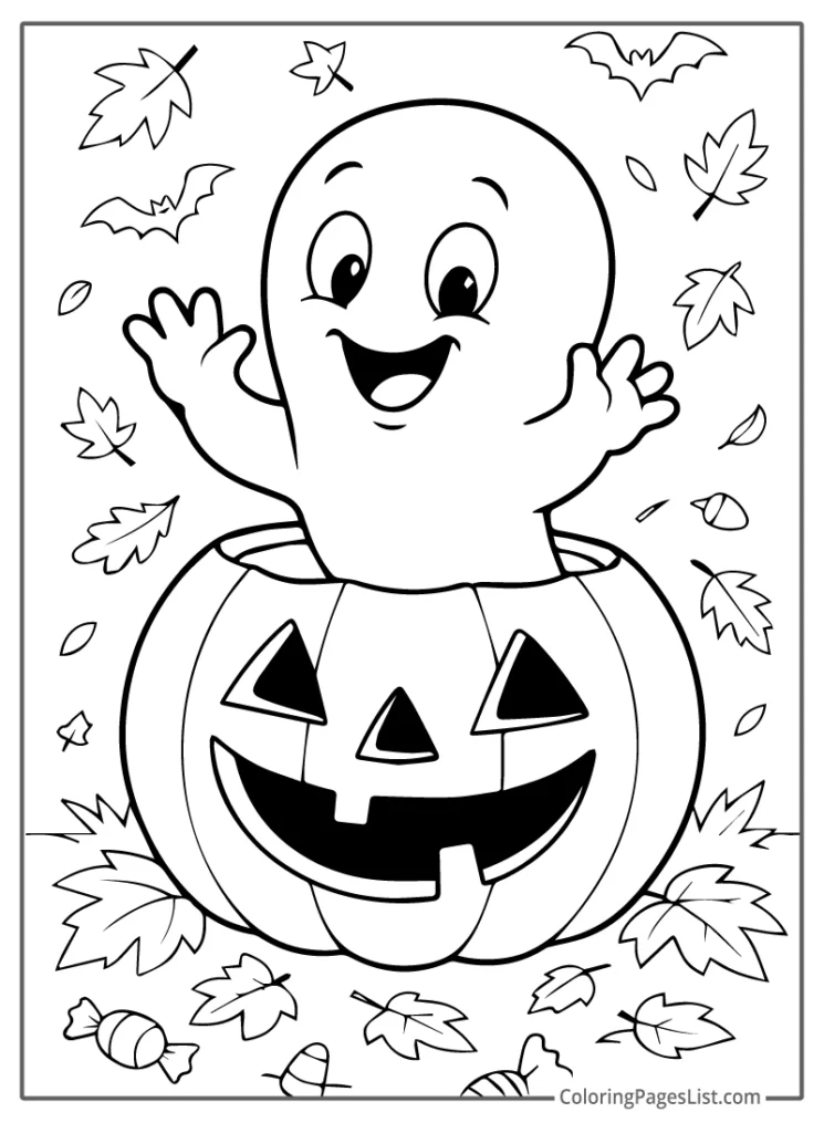Playful Ghost Popping Out of a Jack O Lantern Coloring Page