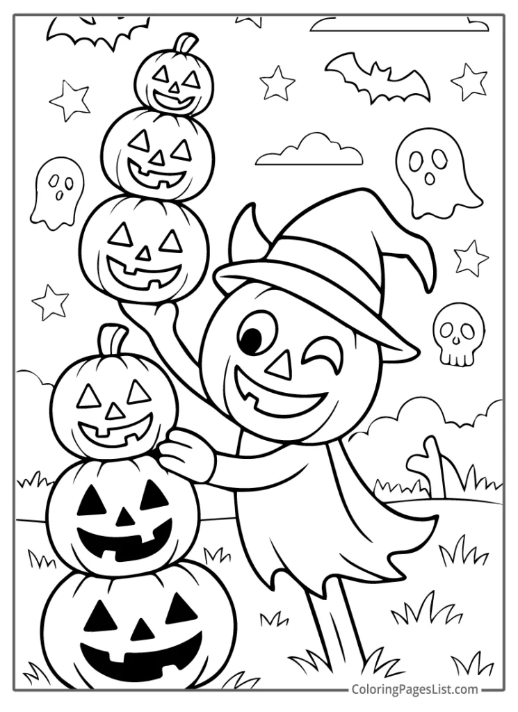 Pumpkin Figure Stacking Jack O Lanterns at Night For Coloring