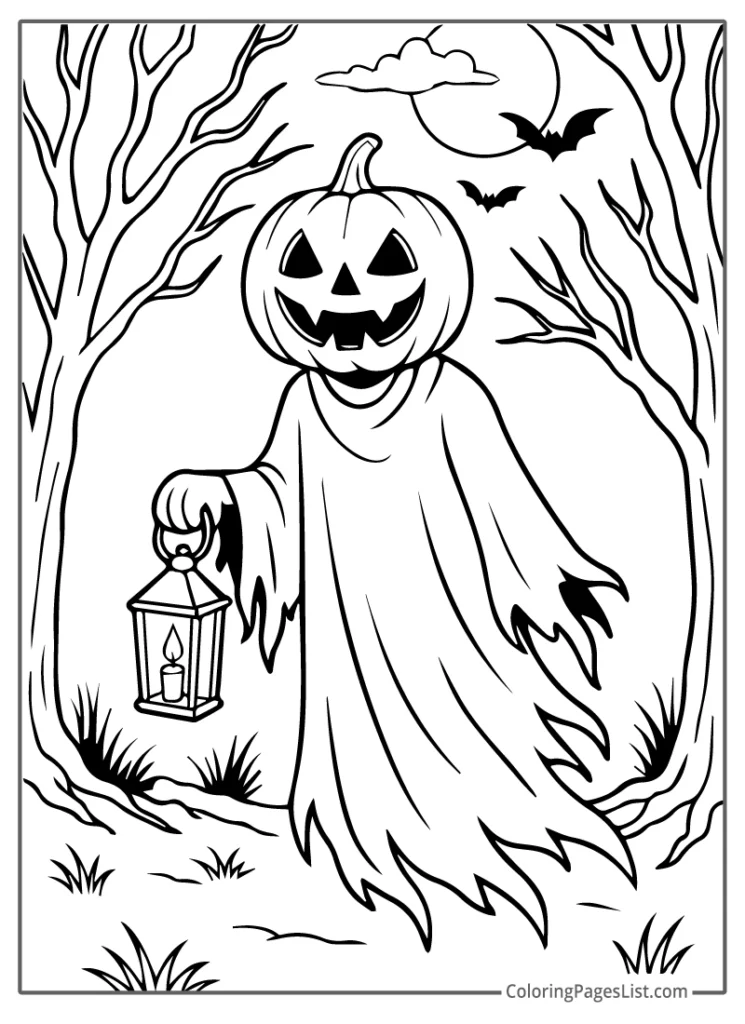 Pumpkin Head Ghost Holding a Lantern in a Haunted Forest
