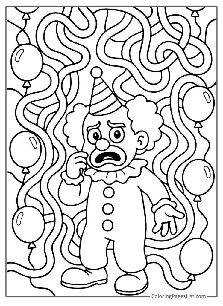 Sad Clown Surrounded By Streamers And Balloons To Color In