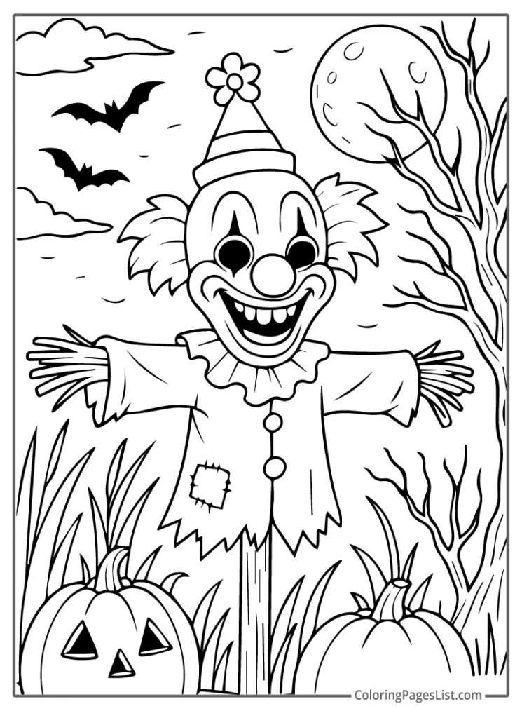 Scarecrow Clown Surrounded By Pumpkins And Bats For Coloring