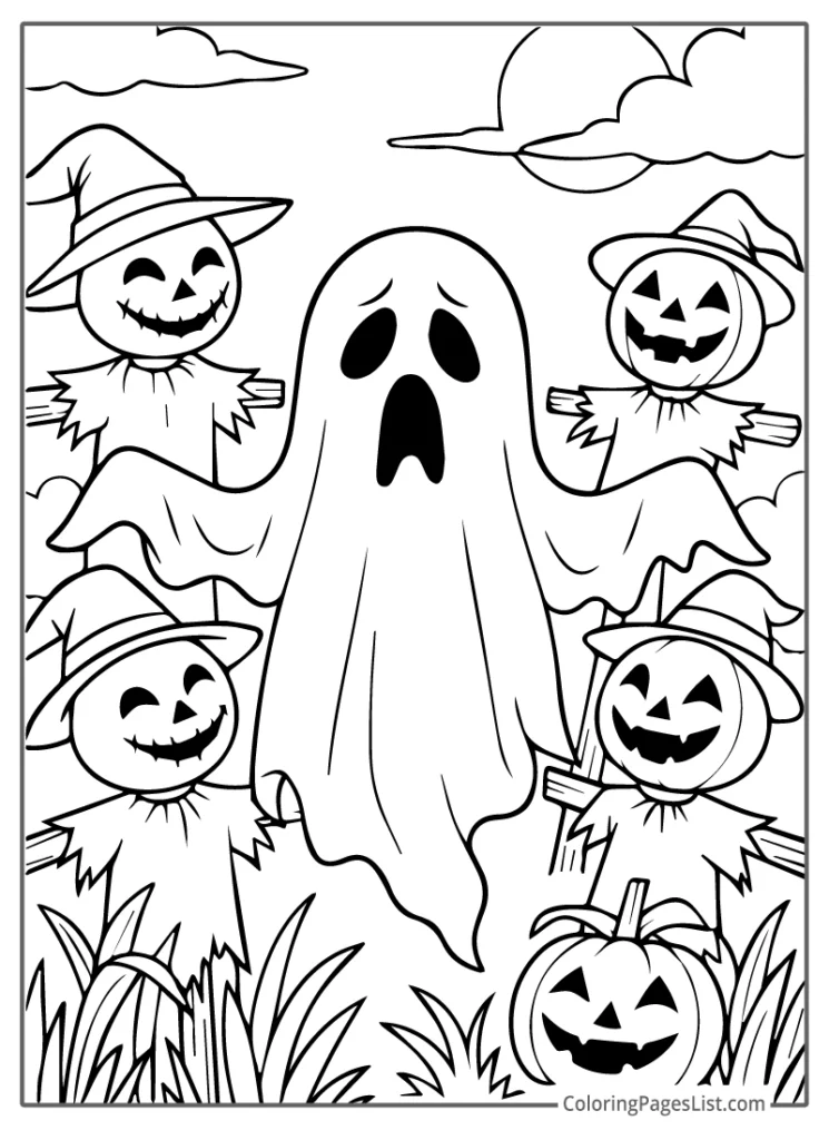 Scared Ghost Surrounded by Smiling Scarecrows To Color In