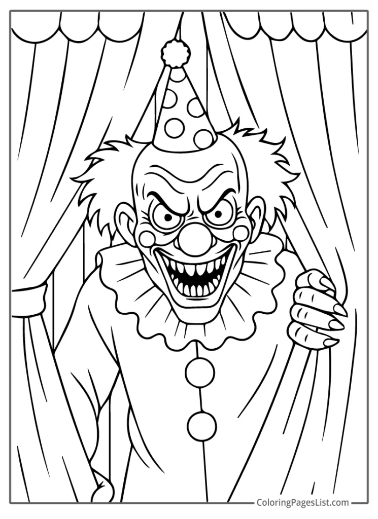 Scary Clown Peeking Through Curtains Coloring Page