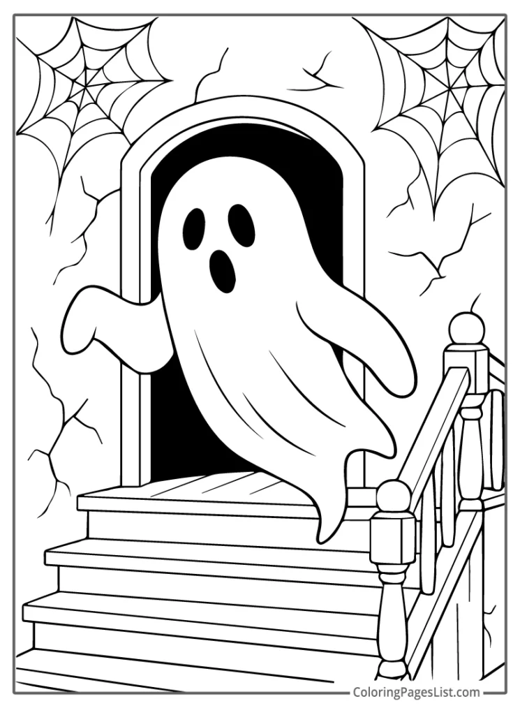 Scary Ghost Appeared On The Stairs Coloring Sheet For Kids