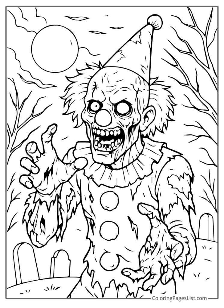 Scary Zombie Clown In A Graveyard To Color In