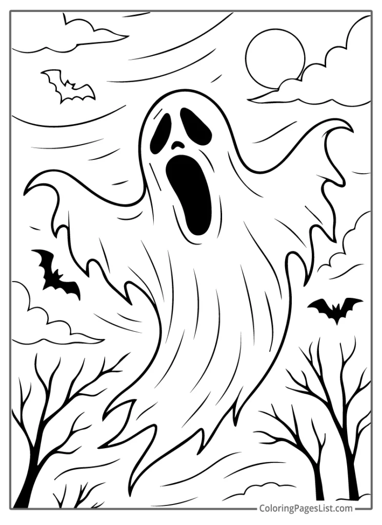Screaming Ghost Floating Through a Windy Night For Coloring