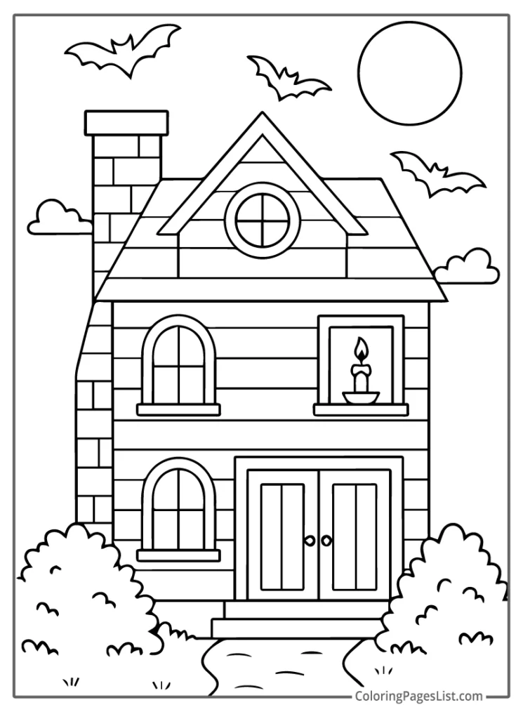 Simple Haunted House with Bats and Candle For Coloring