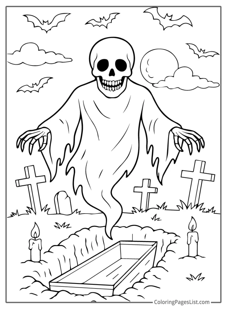 Skeleton Ghost Over an Open Grave Coloring Sheet