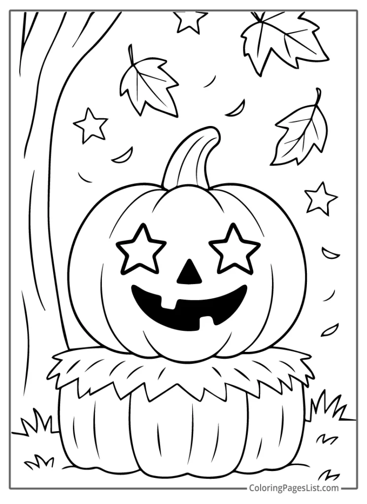Smiling Jack O Lantern With Star Eyes On Haystack To Color In