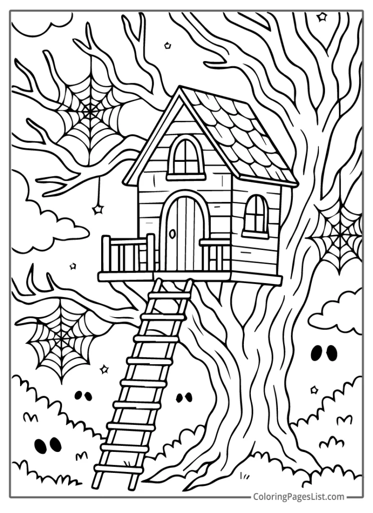 Spooky Treehouse with Webs and Eyes Coloring Sheet