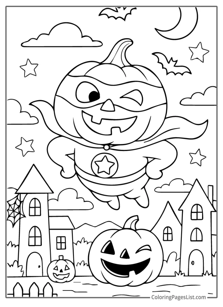 Superhero Jack O Lantern Flying Over Town Coloring Page