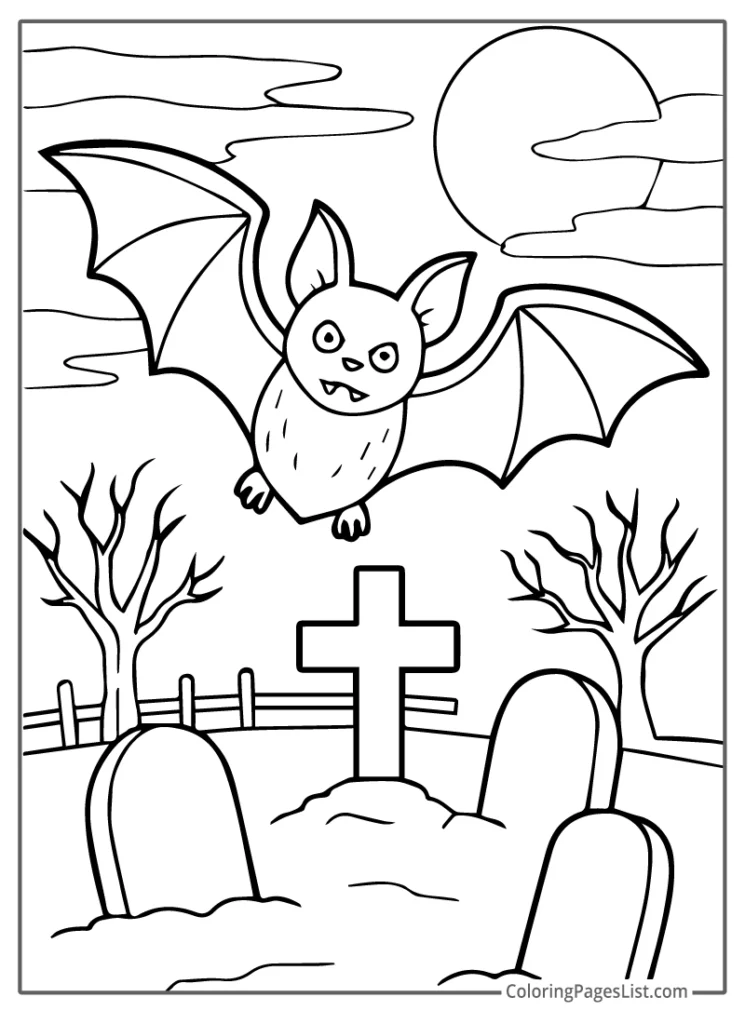 Vampire Bat Soaring Over Horror Filled Haunted Graveyard For Coloring