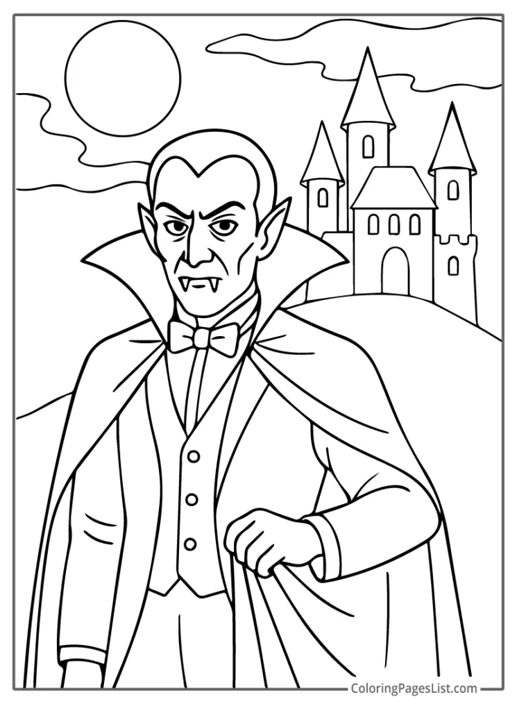 Vampire Standing In Front Of Horror Castle On The Hill To Color In