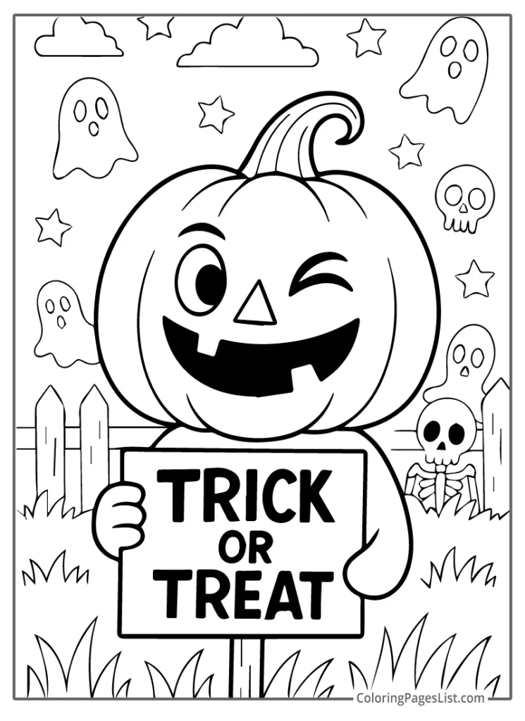 Winking Jack O Lantern Holding Trick Or Treat Sign For Coloring