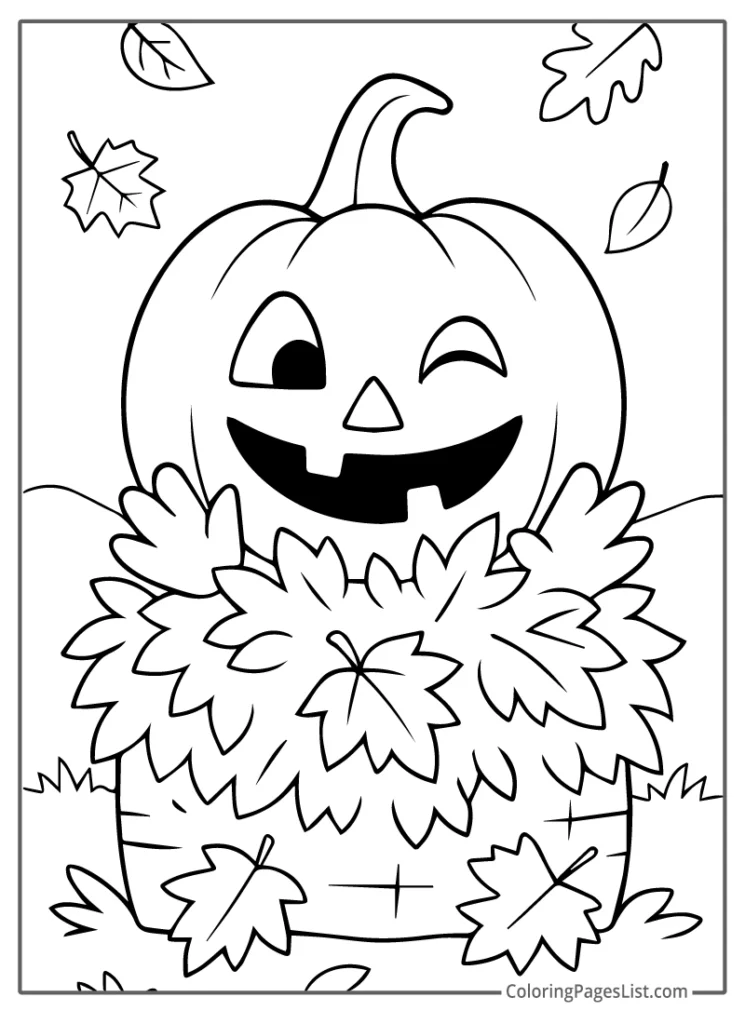 Winking Jack O Lantern in Autumn Leaves To Color In