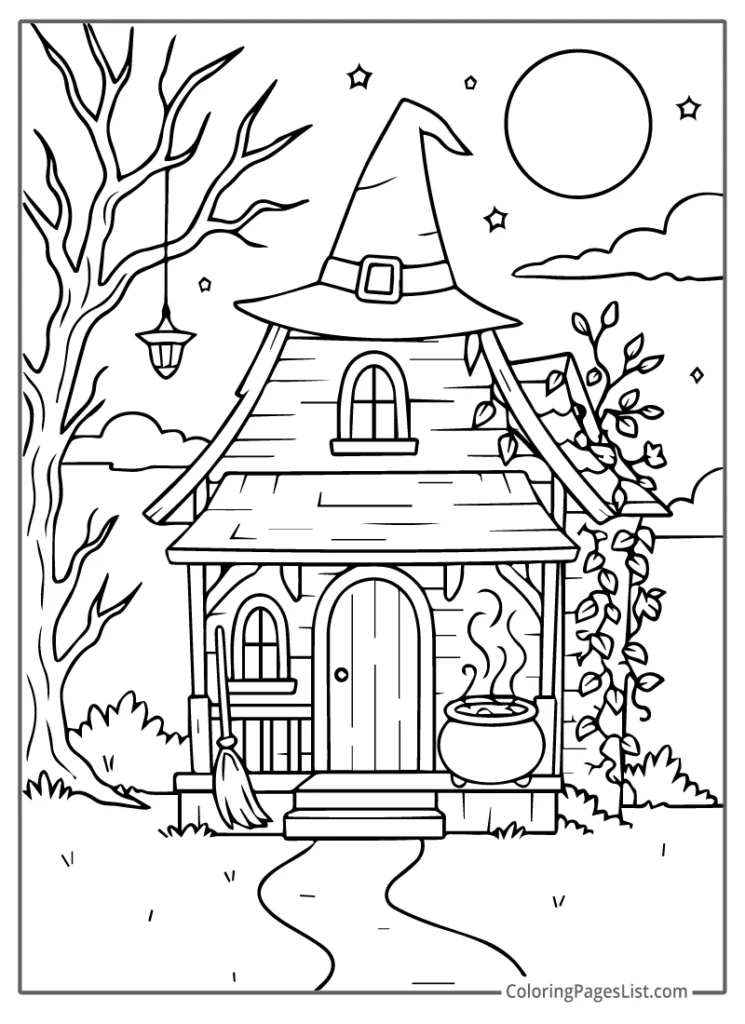 Witch Haunted House With Broom And Cauldron