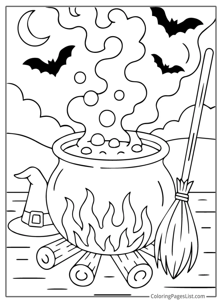 Witchs Cauldron Boiling Under A Cursed Sky To Color In