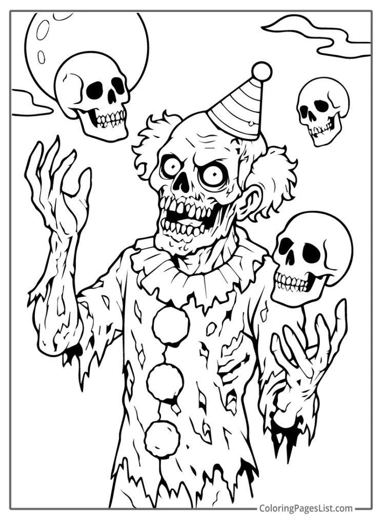 Zombie Clown Holding Skulls Under The Moonlight To Color In