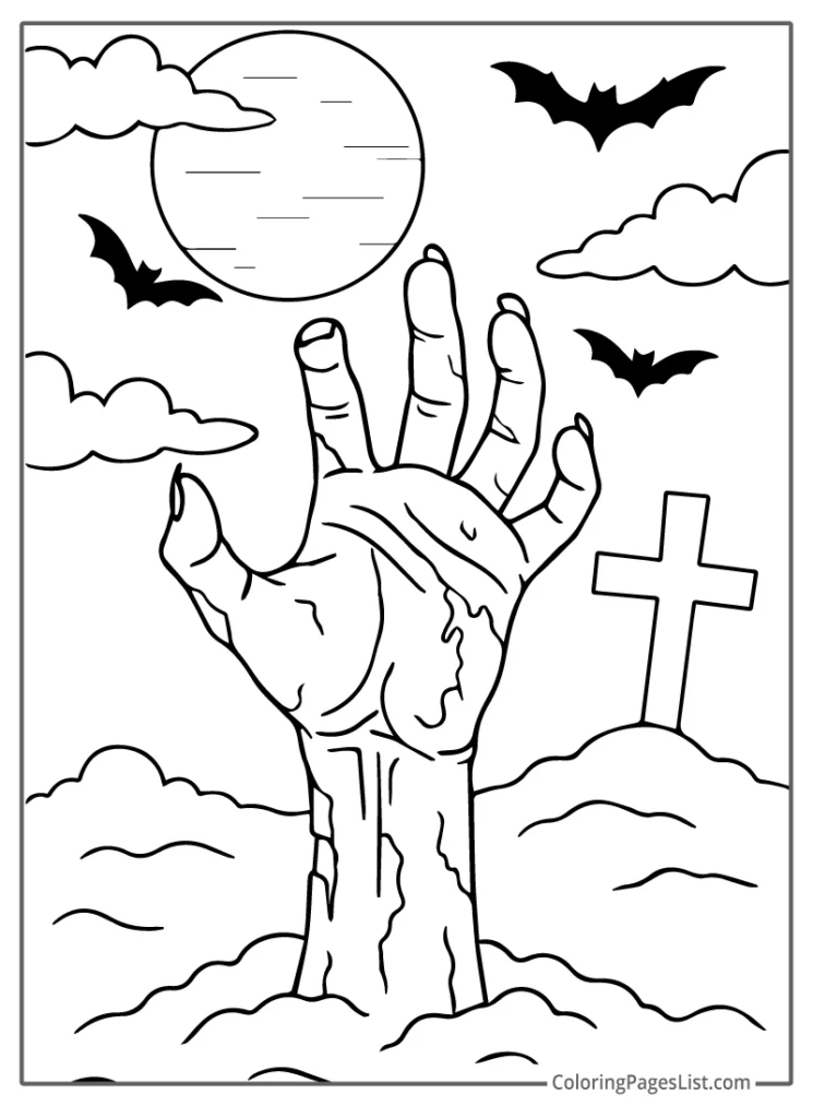 Zombie Hand Rising From Grave In Horror Moonlight Coloring Page